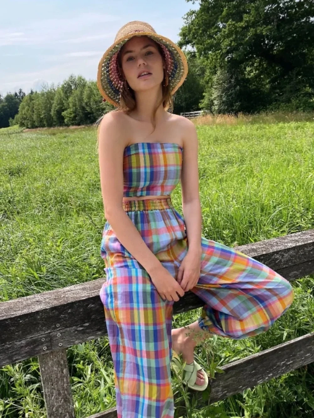 Free People Ticket To Paradise Plaid Pant Set Size M euc - Picture 3 of 10